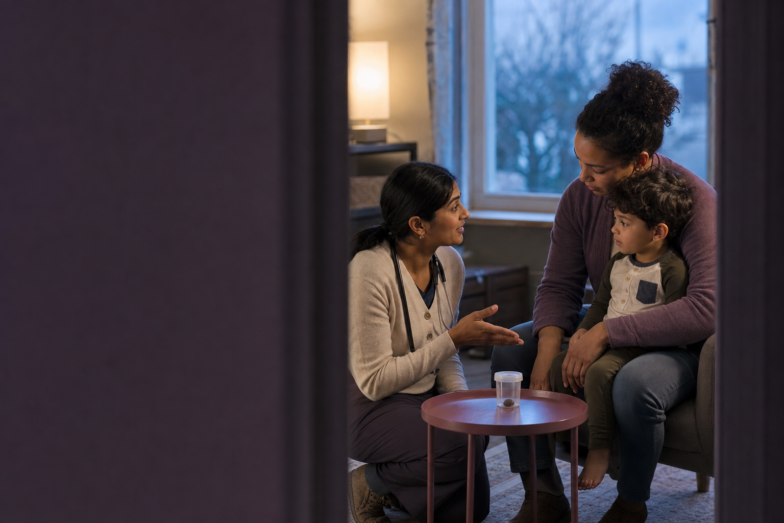 Pediatrician speaks with caregiver and child beside a sealed cup containing a pebble.