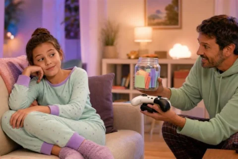 A pajama-clad girl leans on the sofa with a skeptical smile as her father offers an activity jar and game controllers.