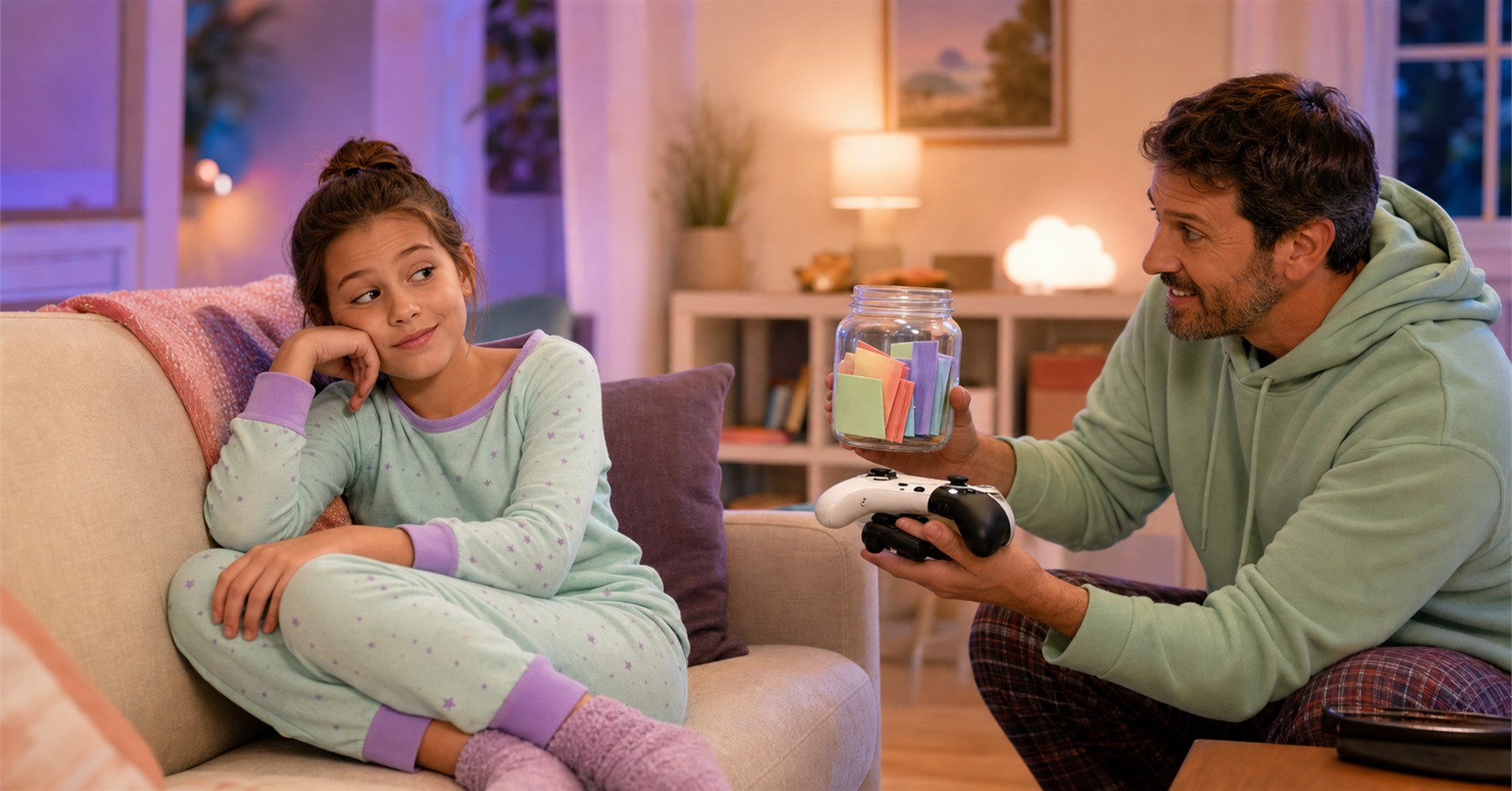A pajama-clad girl leans on the sofa with a skeptical smile as her father offers an activity jar and game controllers.