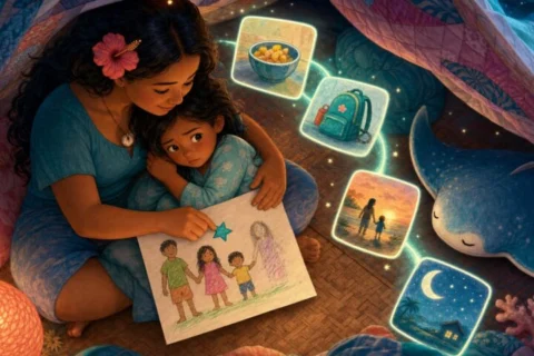 A mother comforts her worried child over a family drawing with a faded parent figure as glowing routine pictures curve through their blanket fort.
