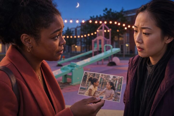 Woman shows an old playground photo to a childhood friend who studies it with a puzzled expression at dusk.