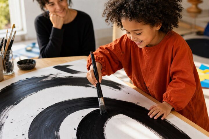 Smiling child in an orange art smock painting broad black arcs while a parent watches nearby.