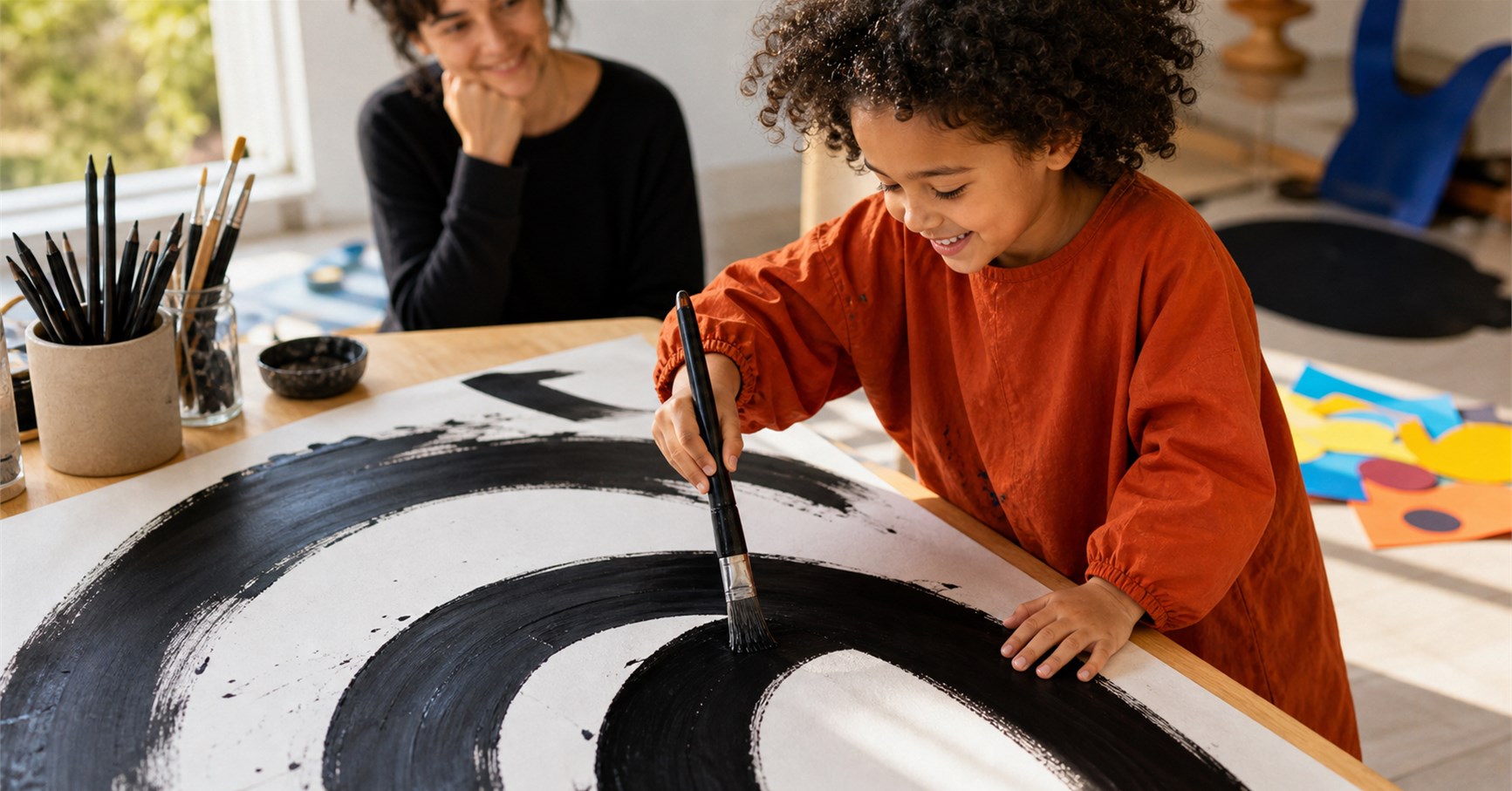 Smiling child in an orange art smock painting broad black arcs while a parent watches nearby.