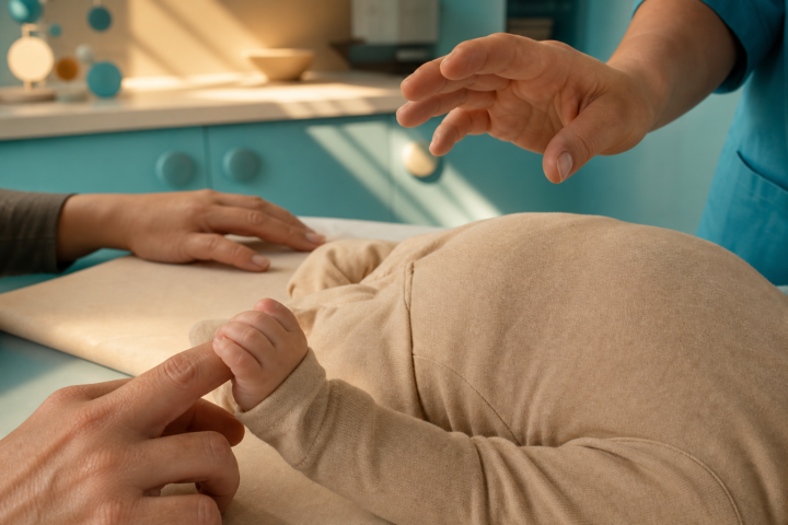 Infant grips a caregiver's finger as a clinician gestures above the baby's clothed abdomen