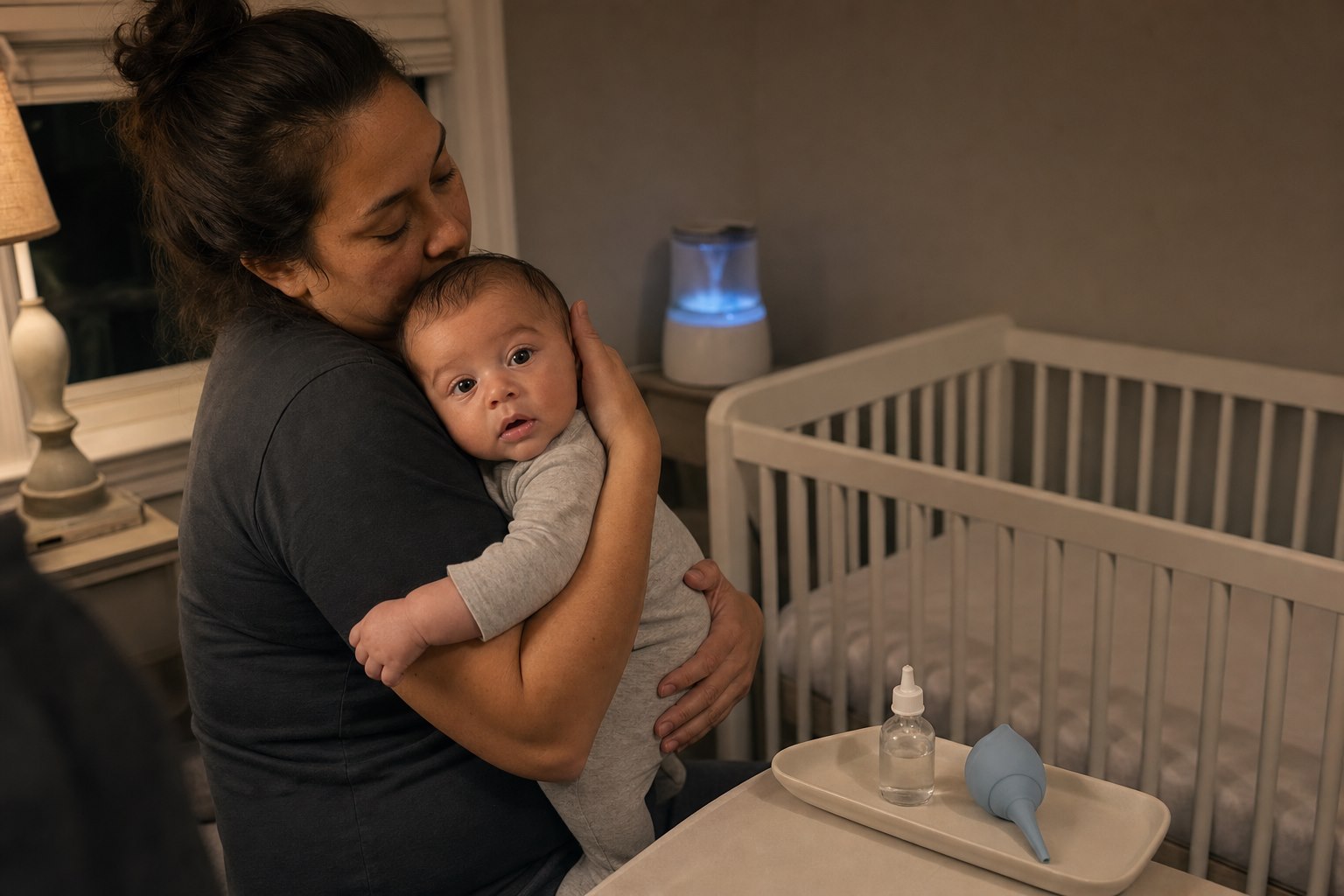 Parent holds an awake baby upright beside plain saline and a bulb syringe, with a cool-mist humidifier and bare crib nearby.