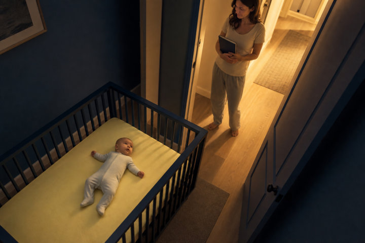 Mother watches from a doorway as her baby lies on their back in a bare crib