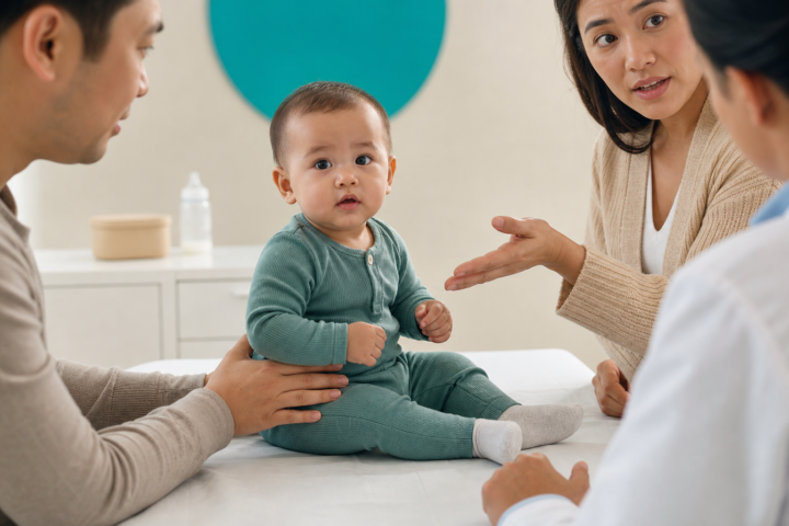 Baby sits supported between caregivers during a pediatric consultation