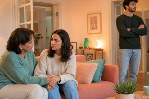 Mother comforts her concerned adult daughter while the daughter's boyfriend stands apart with folded arms.