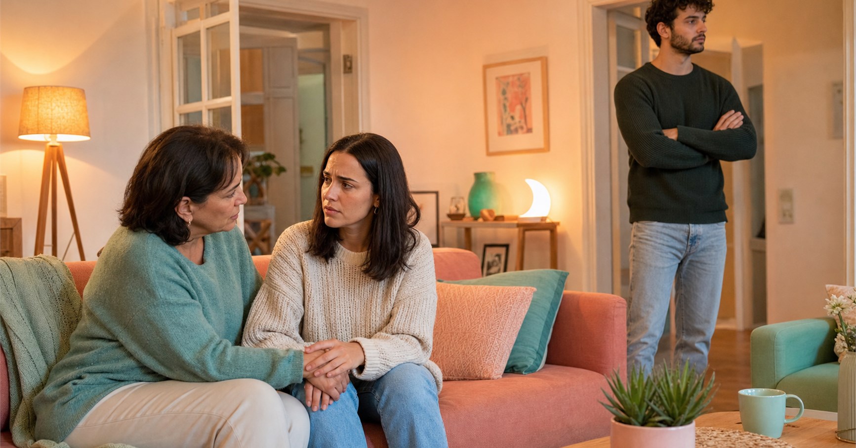 Mother comforts her concerned adult daughter while the daughter's boyfriend stands apart with folded arms.