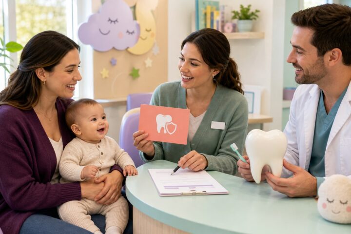 Parent holding smiling baby while dental staff explain coverage with a tooth-and-shield card