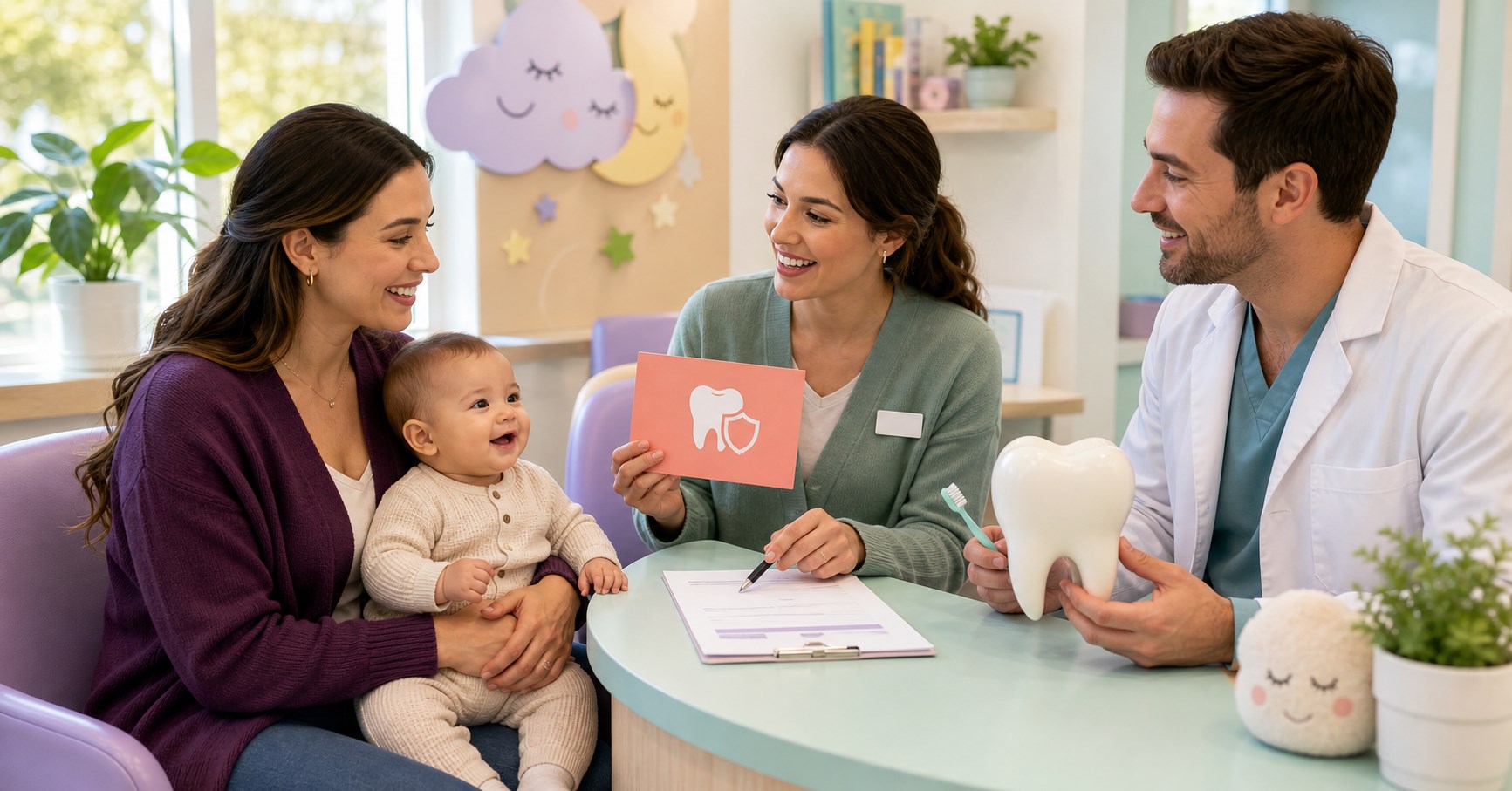 Parent holding smiling baby while dental staff explain coverage with a tooth-and-shield card