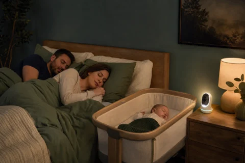 Sleeping parents beside a bedside bassinet and glowing baby monitor in a shared bedroom.