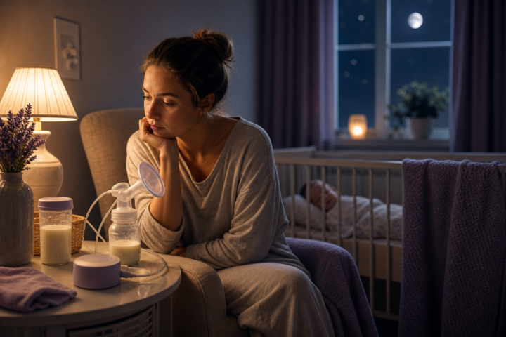 Parent sits beside a bedside pumping setup while a sleeping baby rests in a crib behind them.