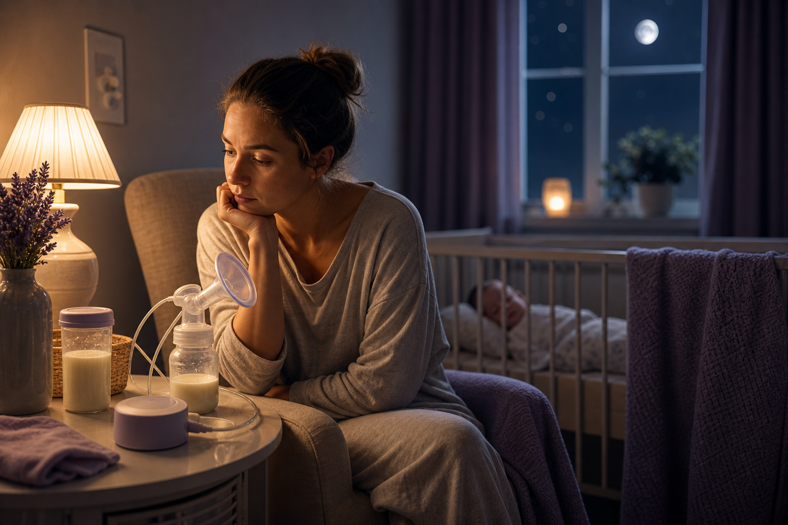 Parent sits beside a bedside pumping setup while a sleeping baby rests in a crib behind them.