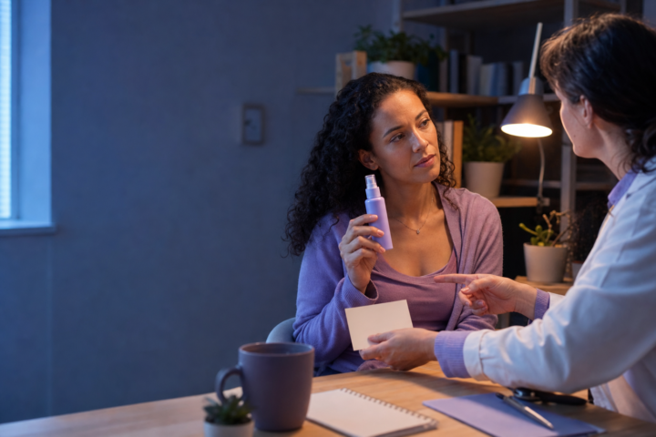 Caregiver holds an unbranded spray bottle while consulting a clinician at a desk.