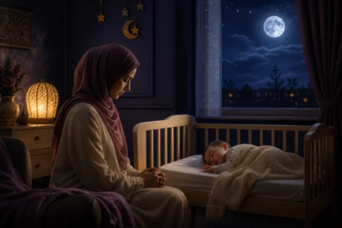 Parent sitting beside a sleeping baby in a dim nursery with moonlight and a lamp glowing nearby.