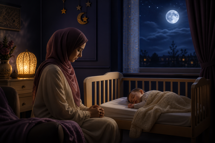 Parent sitting beside a sleeping baby in a dim nursery with moonlight and a lamp glowing nearby.