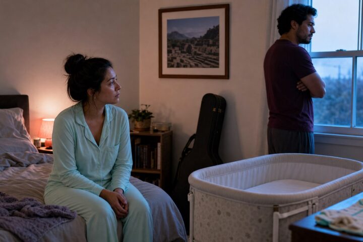Tired wife in mint pajamas looks toward her husband as he stands turned away beside a safely empty bassinet before dawn.