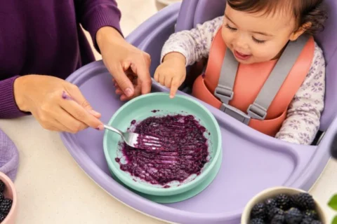 Caregiver thoroughly mashing ripe blackberries while older baby points from a harnessed high chair