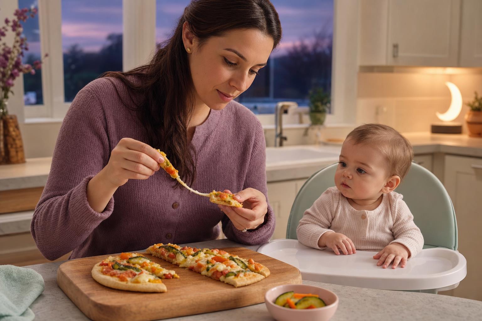 Mother removes a long cheese strand from a vegetable pizza strip while her baby waits upright in a high chair.