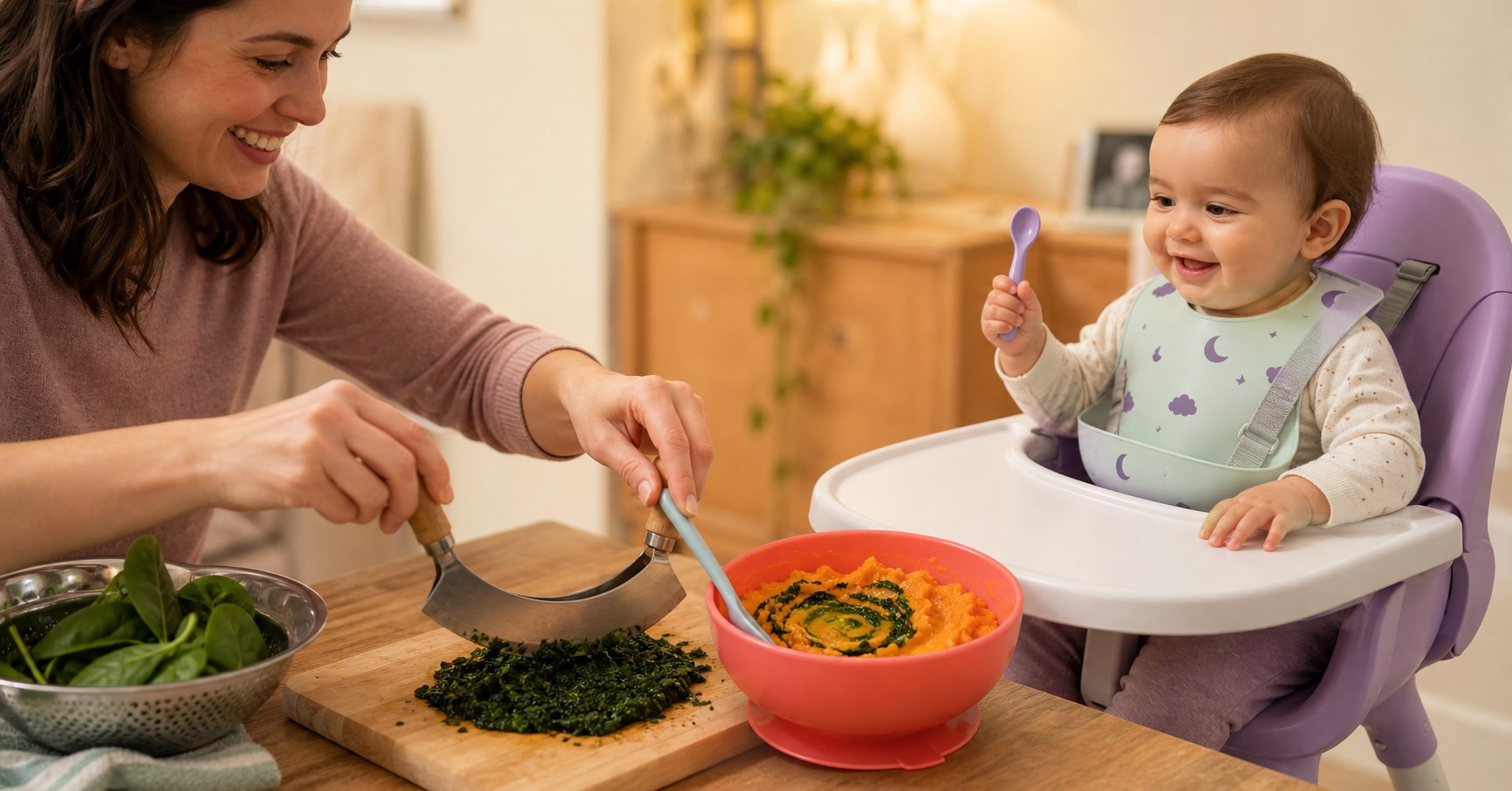 A mother finely minces cooked spinach and mixes it into sweet-potato mash while a harnessed baby waits with a soft spoon.