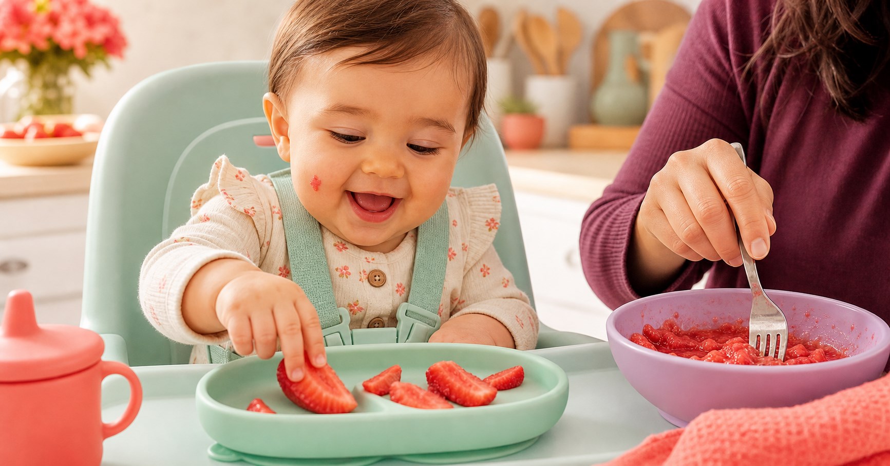 Older baby reaching for a soft ripe strawberry wedge while caregiver mashes berries nearby