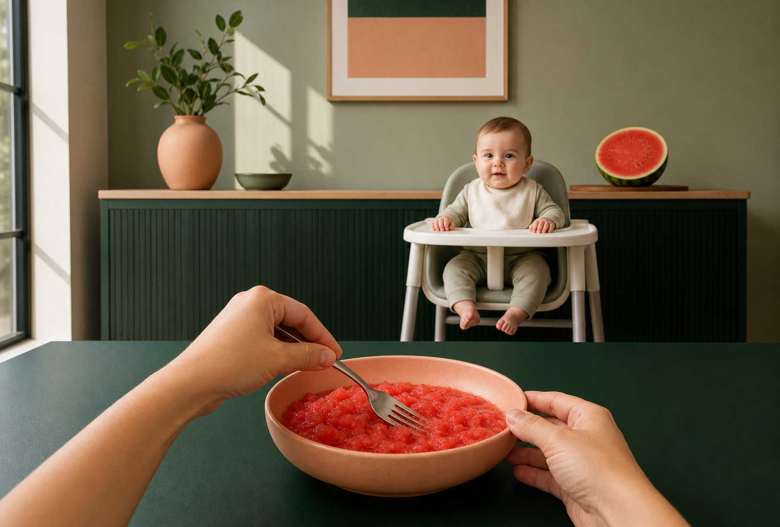 Caregiver hands mash seedless watermelon while a baby watches from a high chair.