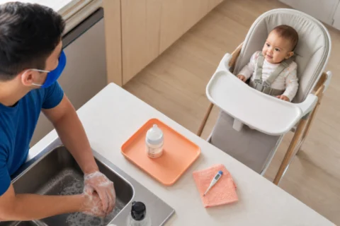 Masked parent washing hands beside a baby in a high chair and bottle on the counter