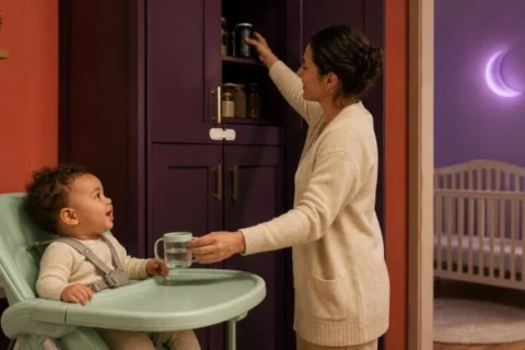 Caregiver storing a closed unbranded soda can in a locked high cabinet while offering baby plain water