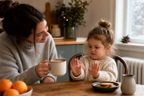 Parent offering a steaming mug at the table while a toddler pulls back in uncertainty.
