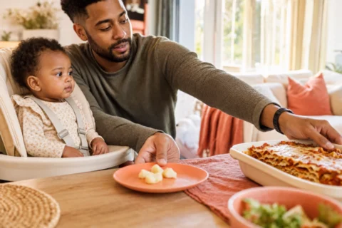 Father moves a lasagna dish away while baby watches from a high chair.