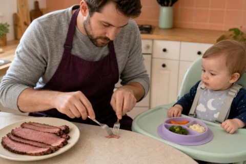 A father finely shreds a tiny piece of pastrami while a harnessed baby watches beside a simple vegetable plate.