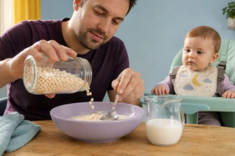 A father adds generic puffed rice to milk and presses it soft while a harnessed baby watches from a mint high chair.