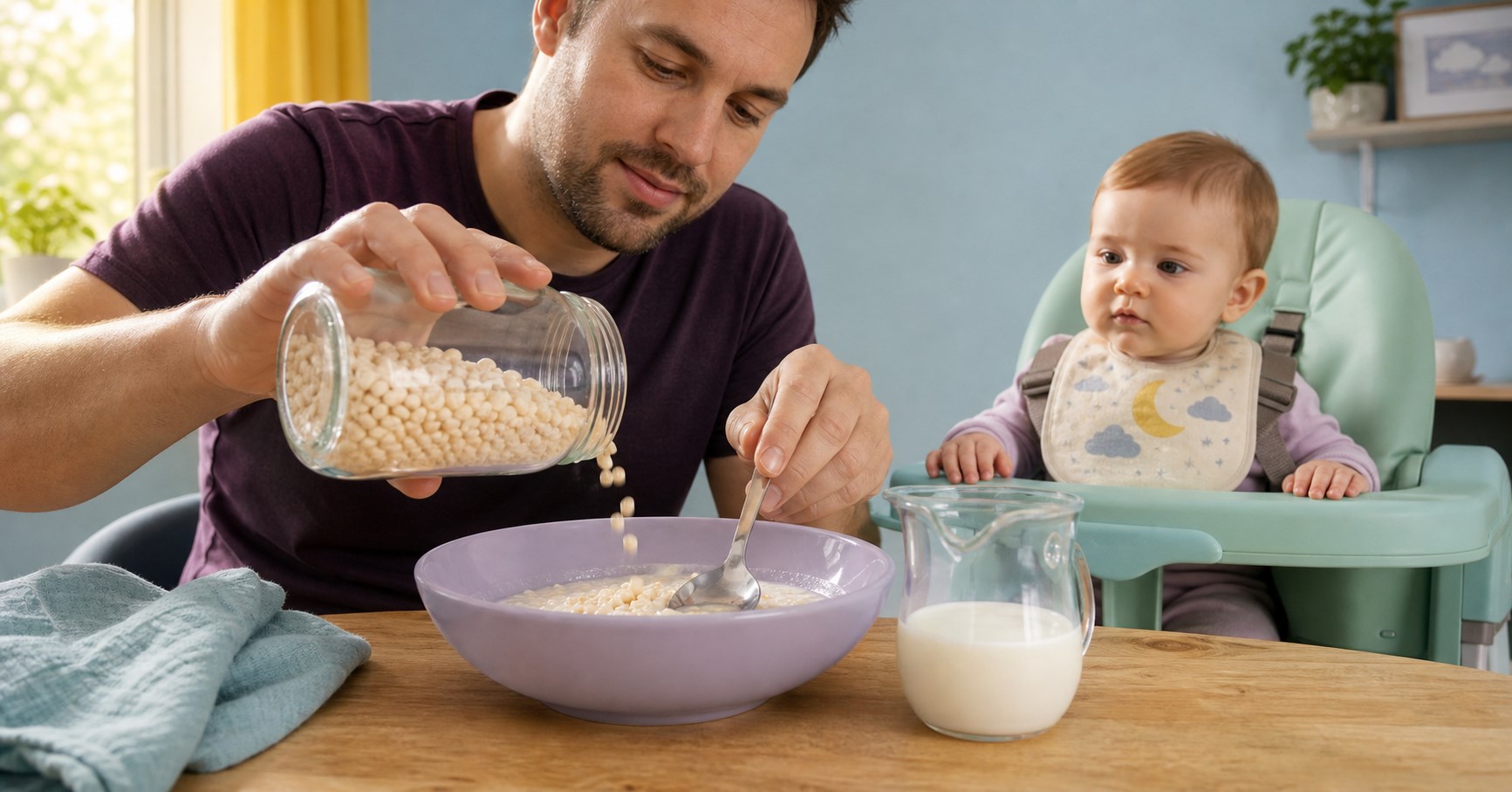 A father adds generic puffed rice to milk and presses it soft while a harnessed baby watches from a mint high chair.