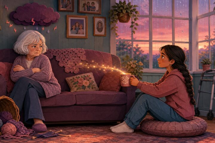 Frowning grandmother sits with folded arms on a sofa while her granddaughter quietly offers a warm mug from nearby.