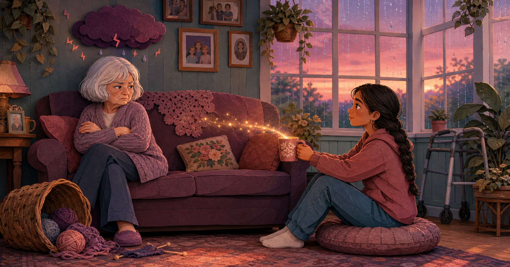 Frowning grandmother sits with folded arms on a sofa while her granddaughter quietly offers a warm mug from nearby.
