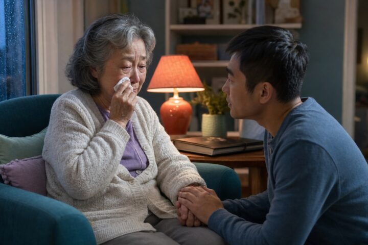 Elderly grandmother wipes away tears as her adult grandson holds her hand beside a rainy window.