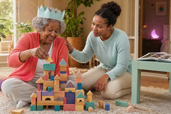 Elderly grandmother wears a paper crown and builds a block castle while her adult granddaughter watches closely.