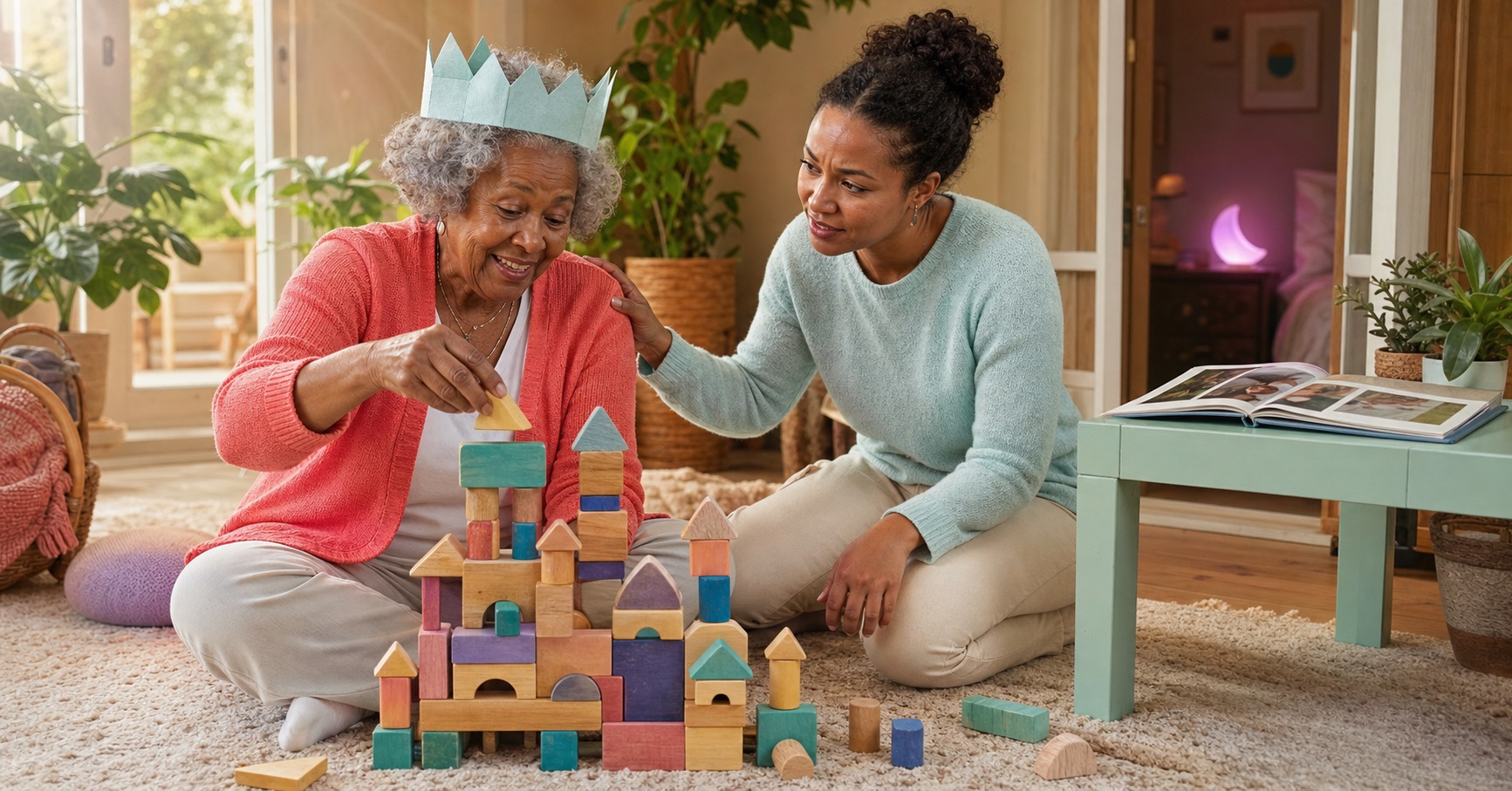 Elderly grandmother wears a paper crown and builds a block castle while her adult granddaughter watches closely.