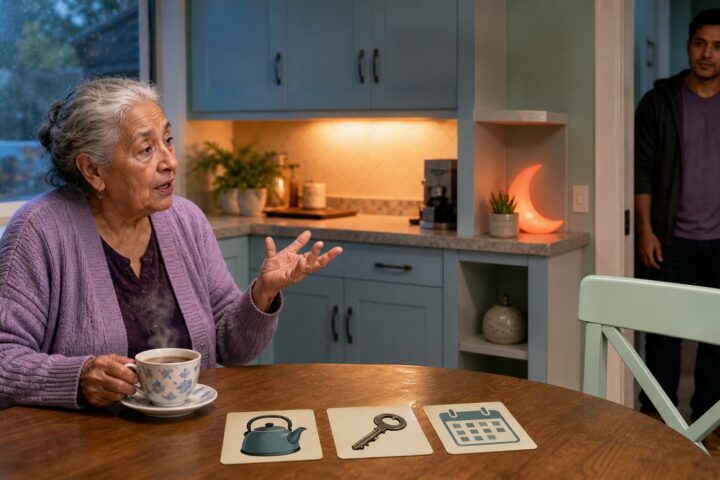 Elderly woman speaks toward an empty chair while her adult grandson listens from the kitchen doorway.