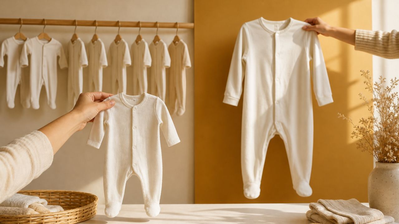Adult hands compare small and larger ivory baby pajamas in a sunlit dressing area