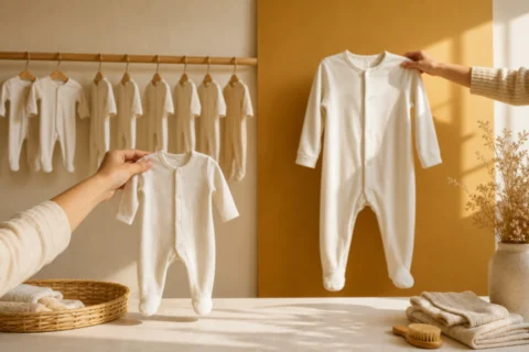Adult hands compare small and larger ivory baby pajamas in a sunlit dressing area