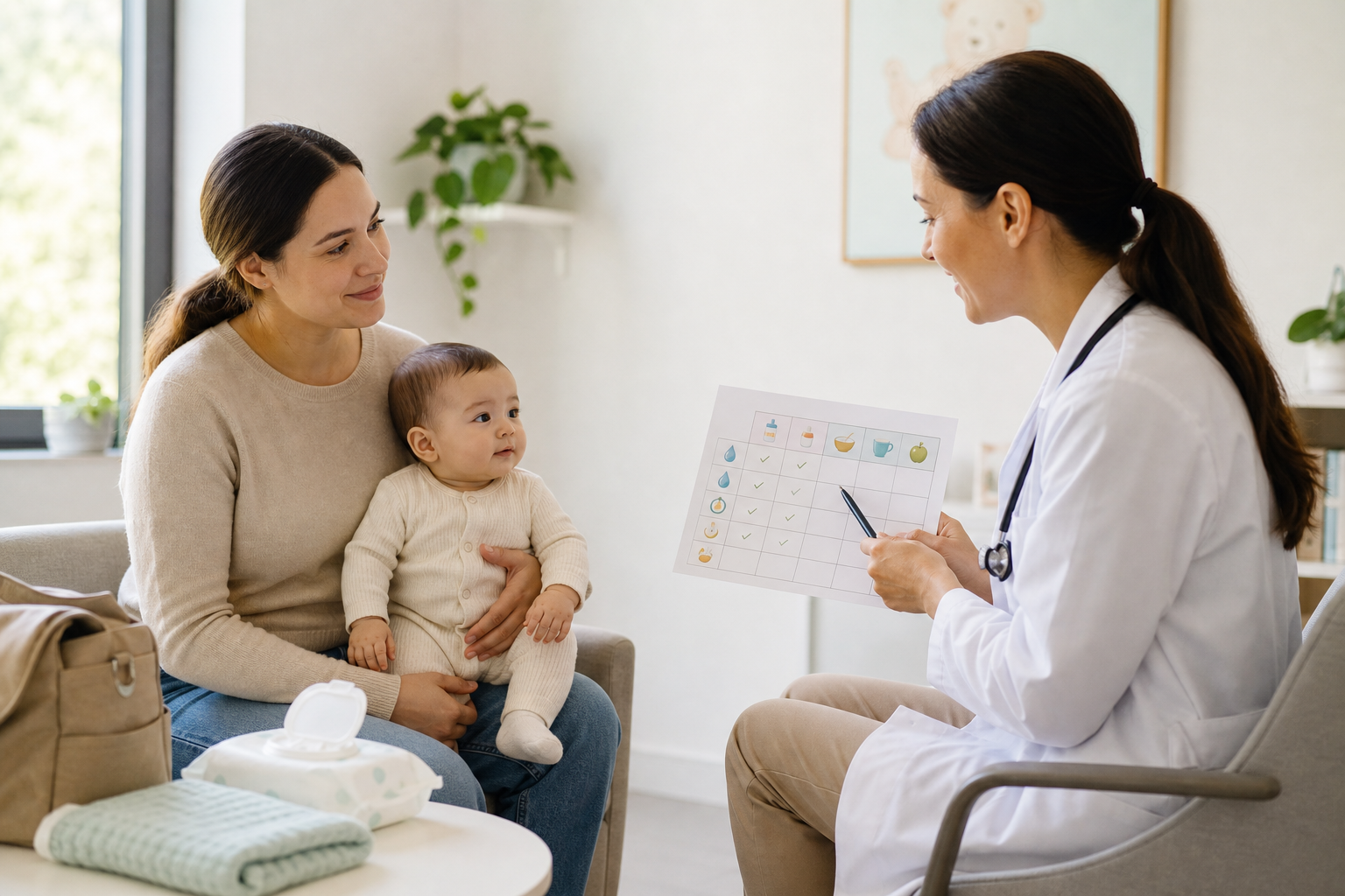 Caregiver discussing hard baby poop with a pediatrician in a bright clinic
