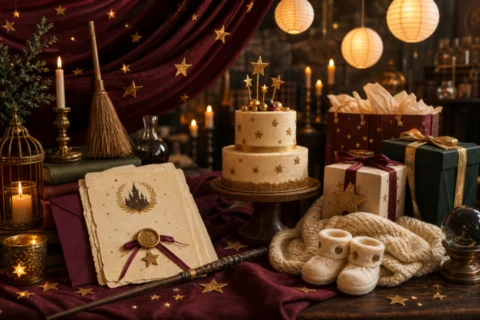 Wizard-themed baby shower table with candlelight, gold stars, gift boxes, and a decorated cake.