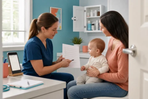 Pediatric clinician pointing to a checklist while a caregiver holds a baby on their lap in a bright consultation room.