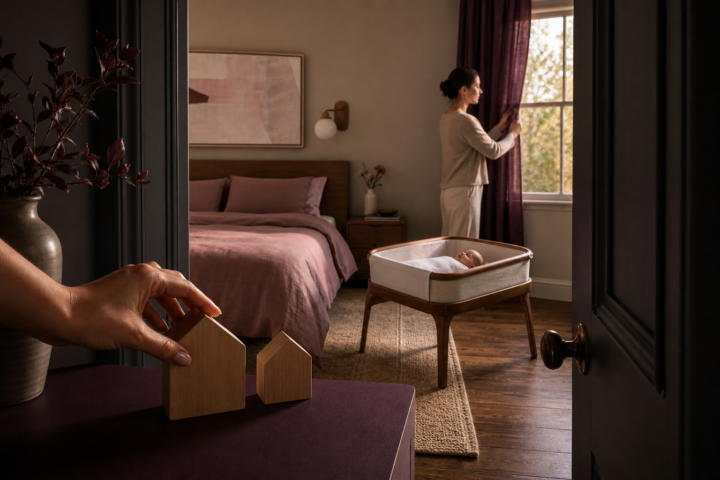 A hand arranges wooden houses as a mother opens curtains beside a baby sleeping safely in a bassinet