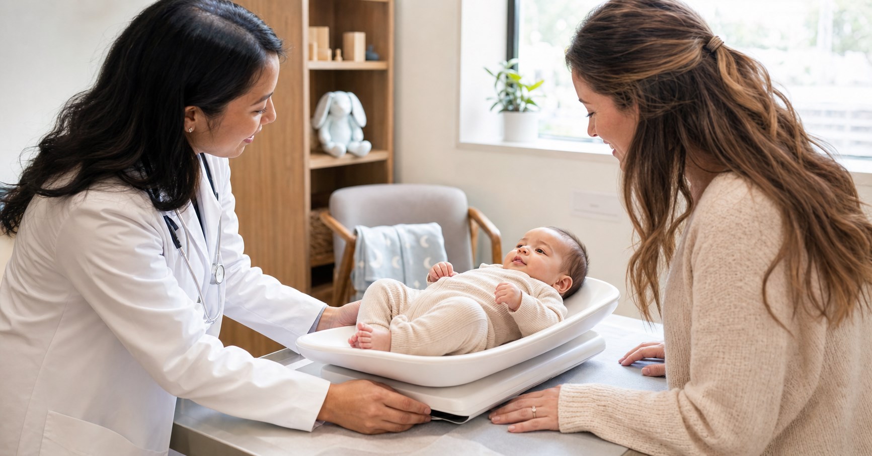 Parent and pediatrician watching an alert baby on an infant scale in a bright exam room.
