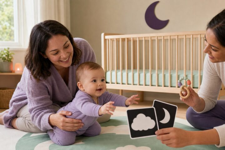 An alert baby reaches for moon and cloud cards during supervised floor play in a bright nursery beside a bare crib.
