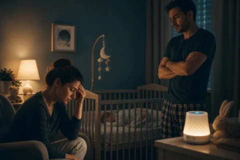 Tired parents standing and sitting beside a crib in a dim nursery with a glowing baby monitor.