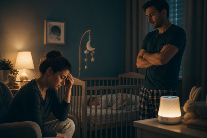 Tired parents standing and sitting beside a crib in a dim nursery with a glowing baby monitor.